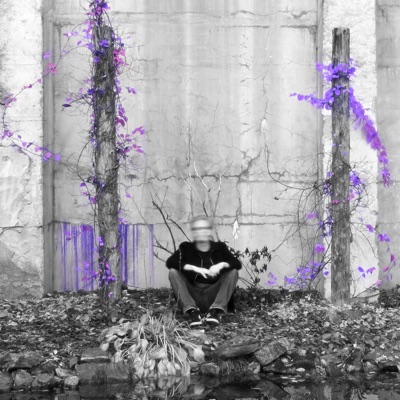 Black-and-white cover photograph of a seated figure with purple foliage