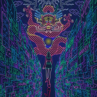 Neon illustrated cover art showing a figure facing a dragon above a glowing city